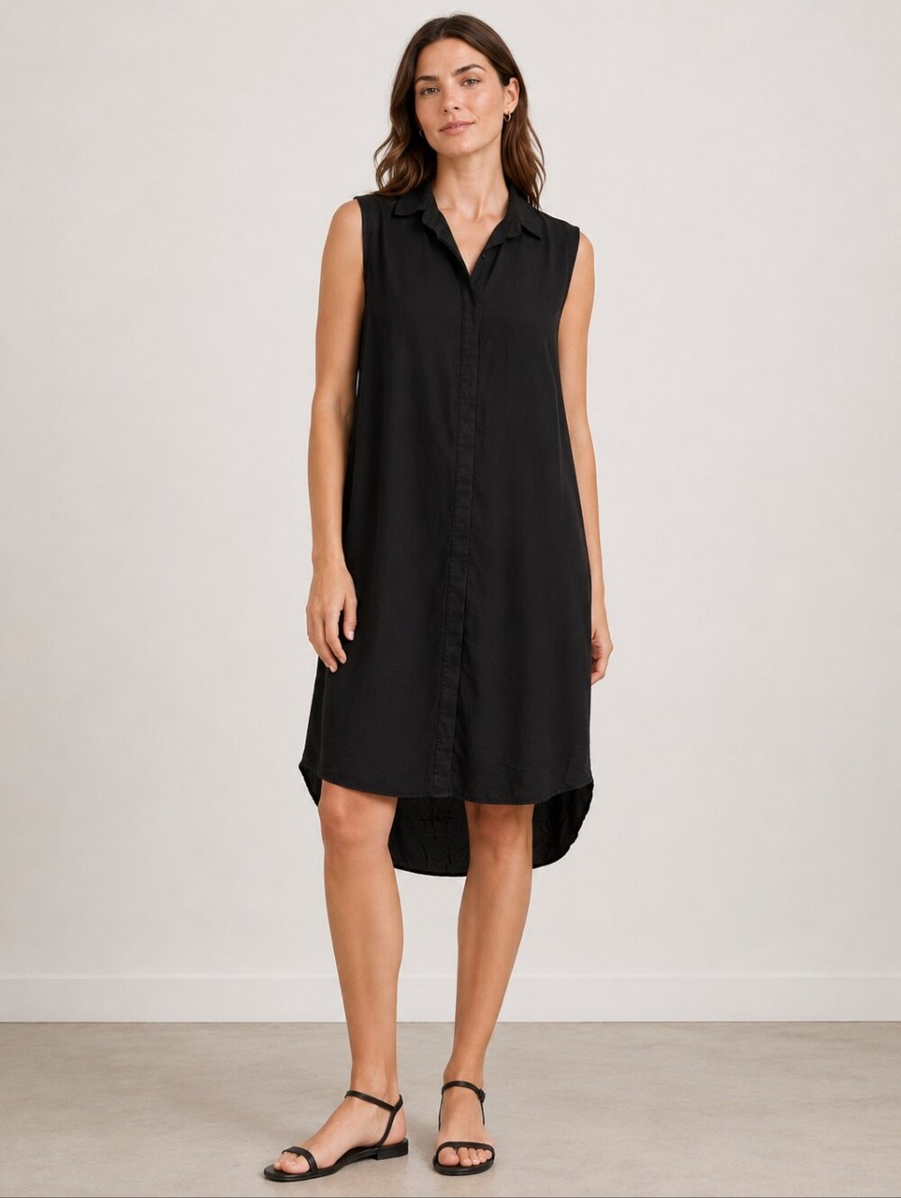 Tradlands Sleeveless Tencel Shirt Dress Black XL High-Low Hem